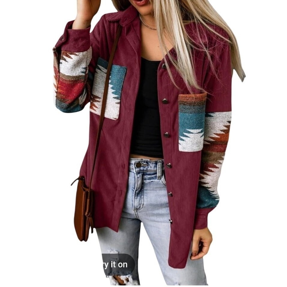 Unbranded Burgundy Corduroy Aztec Print Shacket Womens XL Southwestern Oversized
